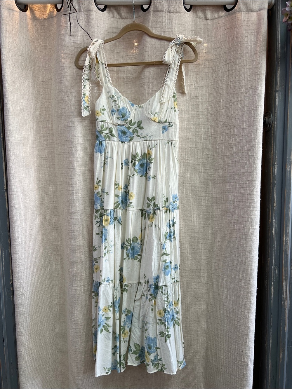 White Blue Yellow Floral Tiered Midi Dress Lace Tie Straps Large - Picture 6 of 14